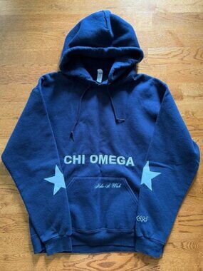 Chi Omega Make a Wish Hoodie Sweatshirt M Pullover Pocket Navy Blue Jerzees VTG